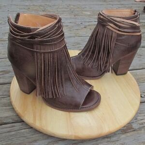 Bed Stu Fringe Ankle Boots Onset Olivia Peep Toe Womens 6.5 Leather Western Boho